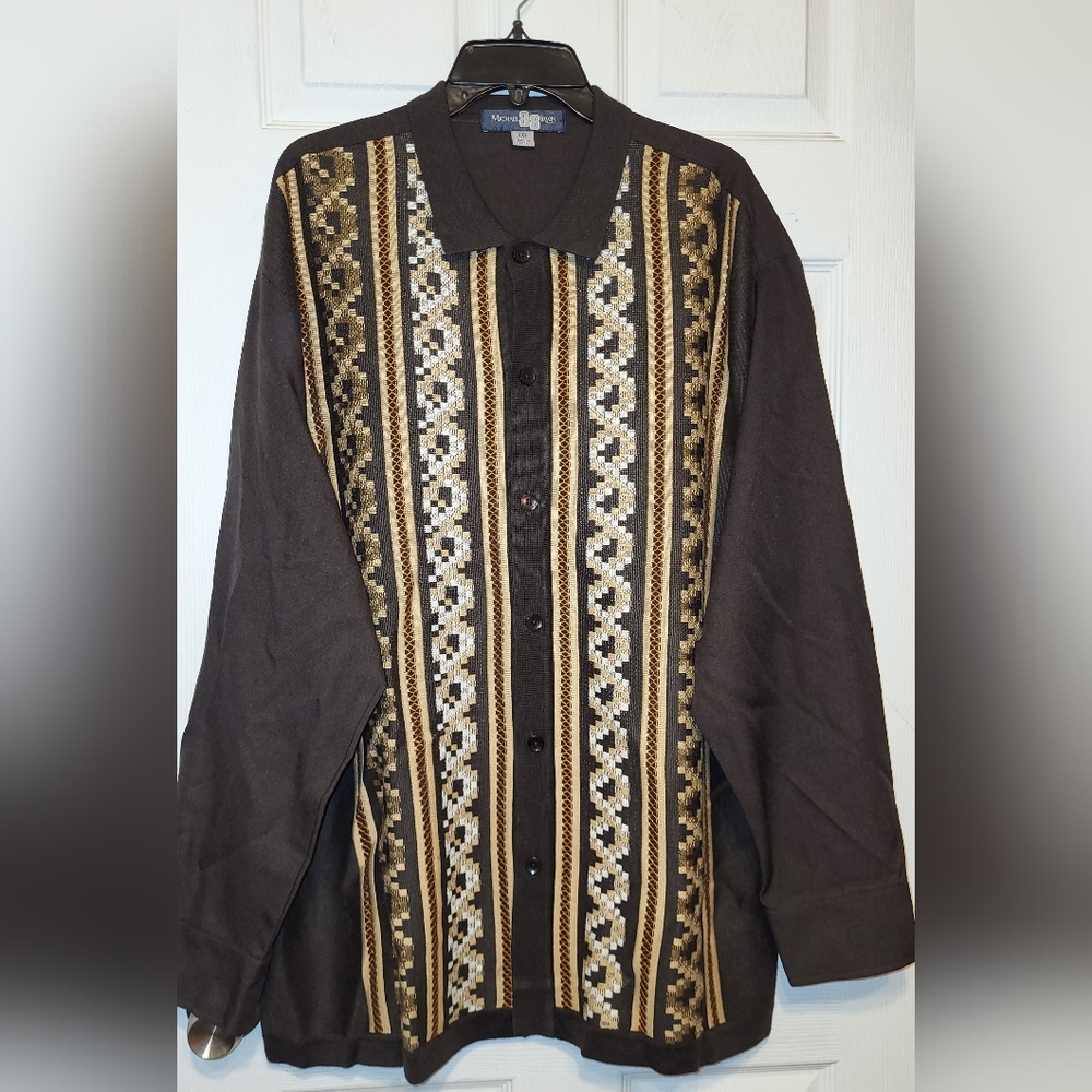 Michael Irvin 88 Long Sleeve Dress Button-up Embroidery Front Brown XXL Mens